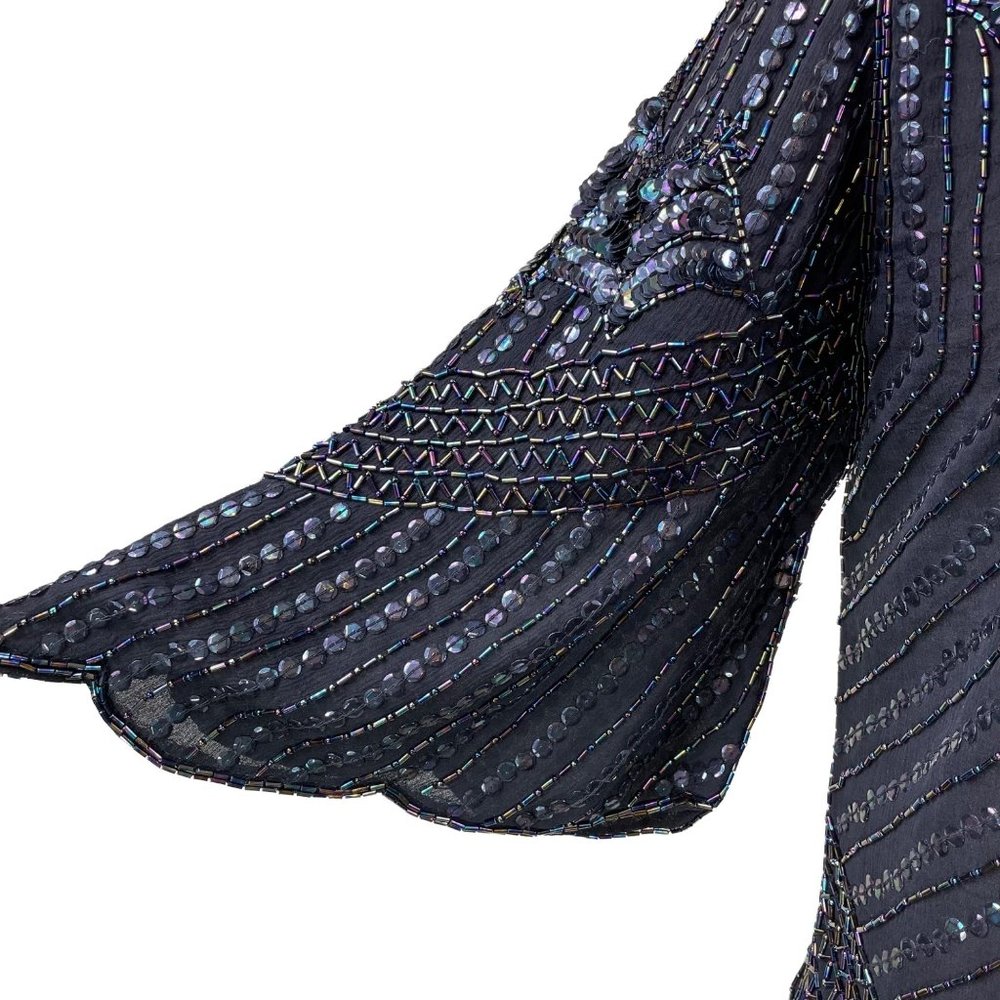 70s Vintage Le Mieux Black 100% Silk Art Deco Beaded Sequined Bat Motif Blouse - Picture 4 of 9